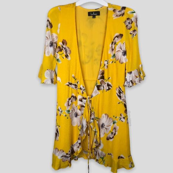 Lulus Cover Up Rayon Mustard Yellow Floral Print Kimono Top Flounce Sleeve - Picture 1 of 10